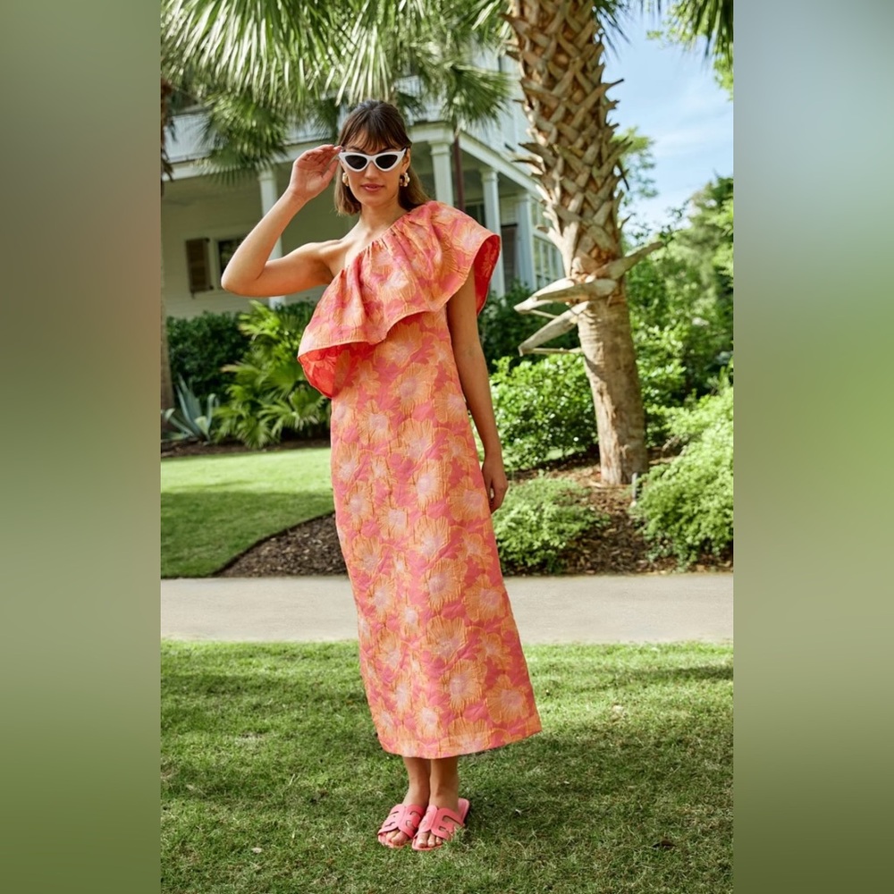 Abbey Glass Orange and Pink Asymmetrical Ruffled One-Shoulder Sundress